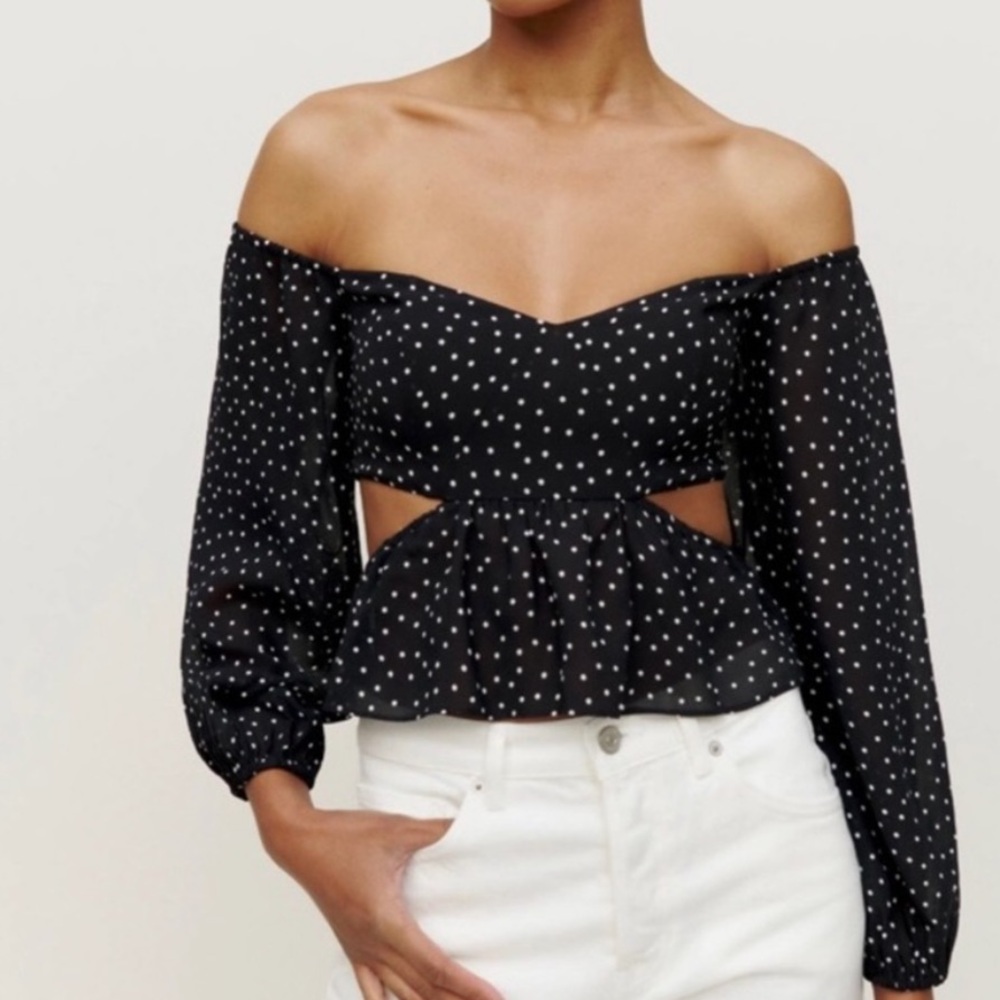 NWT Reformation Laraine top size 8 black polka dot